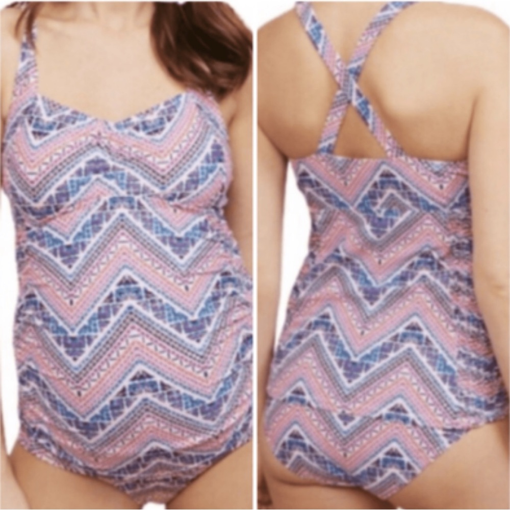 Beach Bump Motherhood Maternity Pink and Blue Patterned Tankini Set